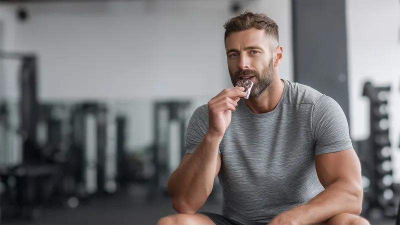 Man eating a protein bar at the gym