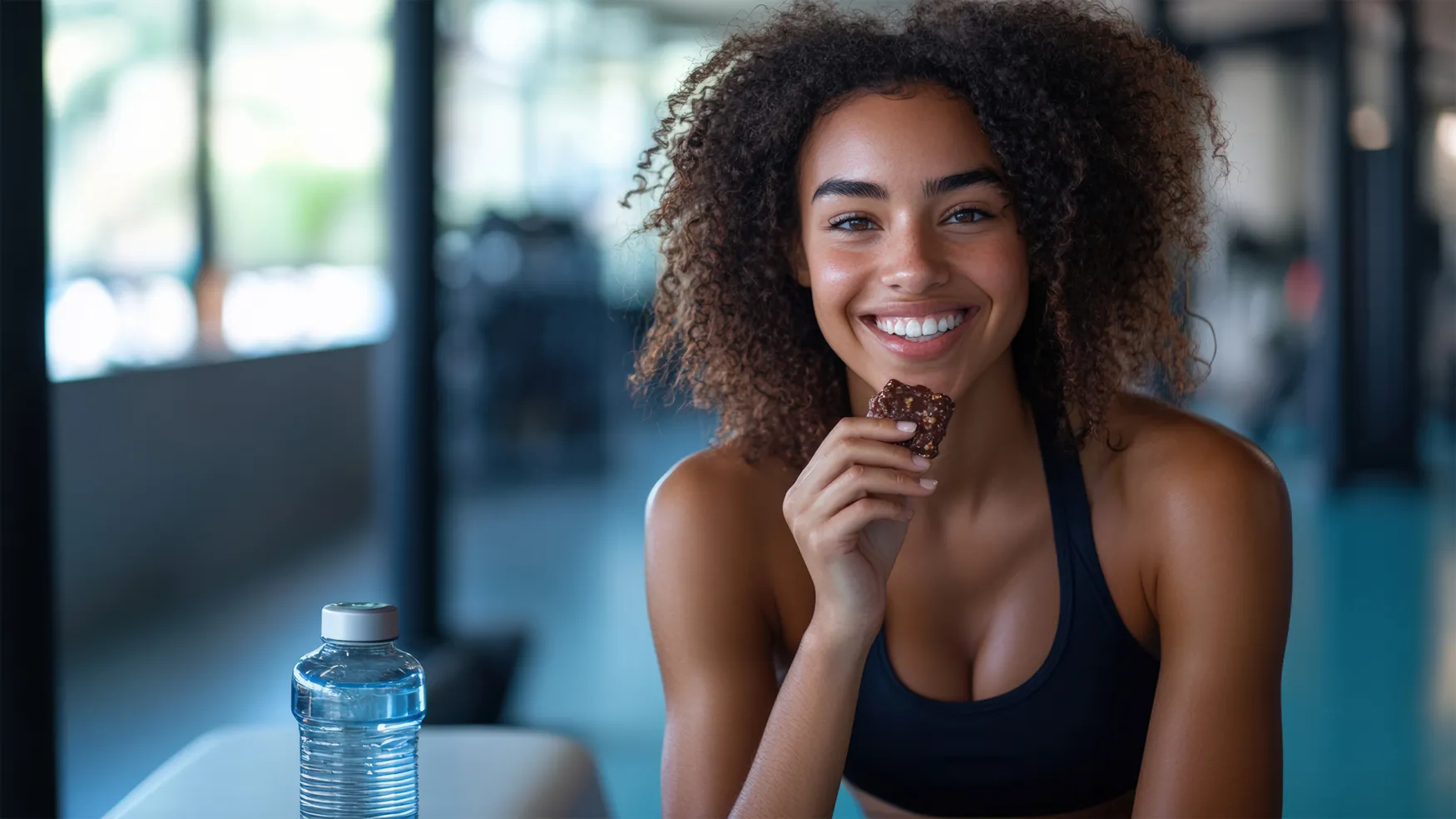 Woman eating protein bar at a gym