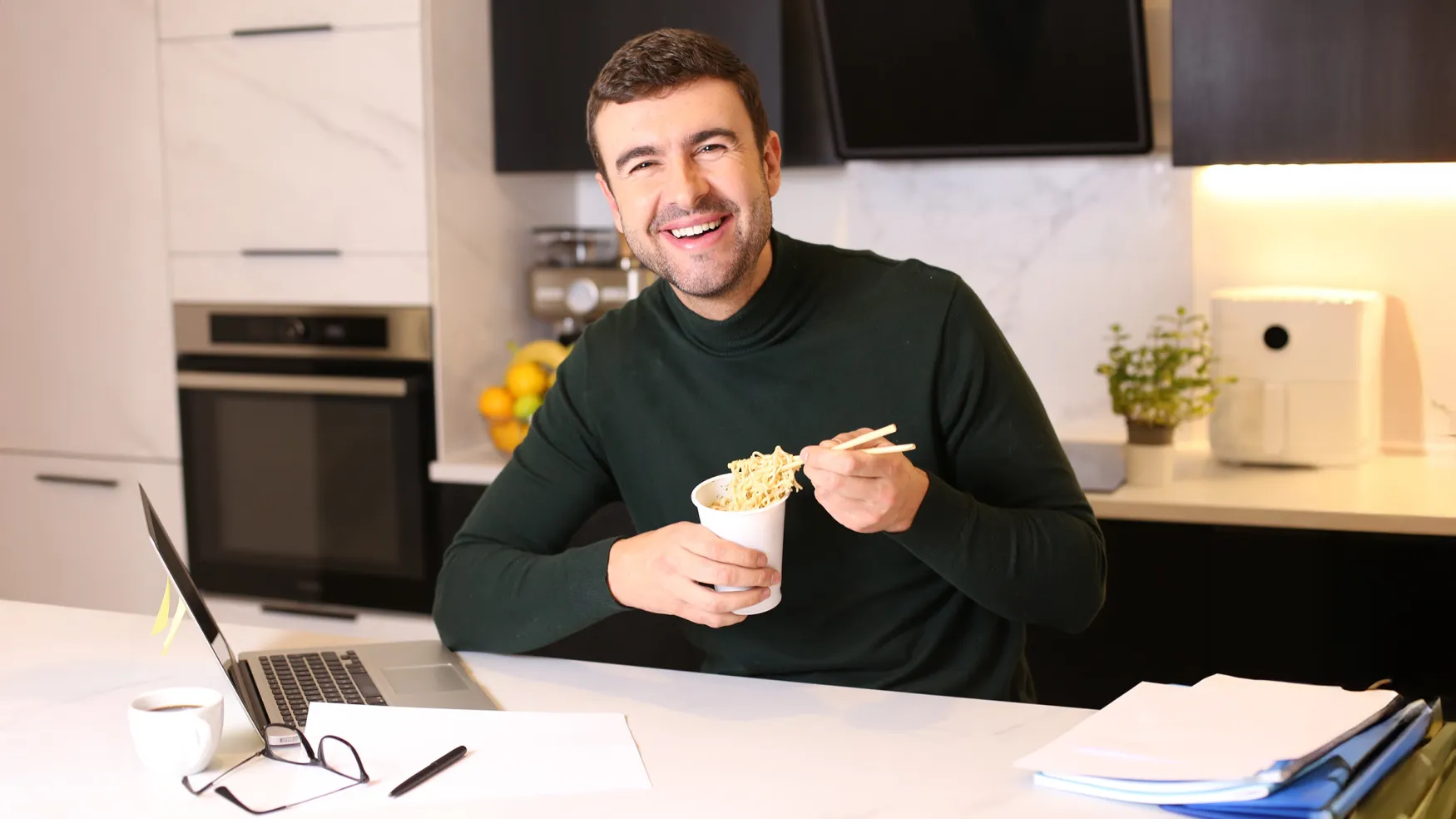 Man Eating Packaged Ramen Cup Purchased From PicoAmbient Vision
